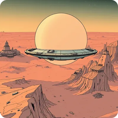 concept art for the scenery of a village on the Mars with a floating spaceship