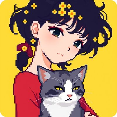 pixelated girl and her cat