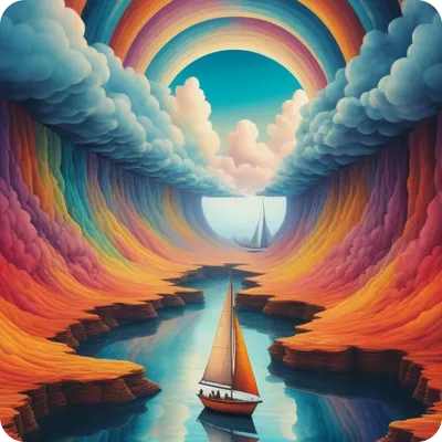 surreal ai art about a boat flowing on a fantastic river