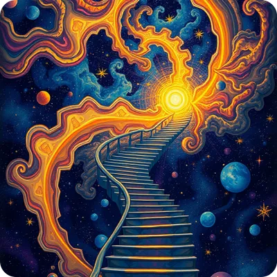 surrealism illustration about an infinite stairs to the sun in the universe