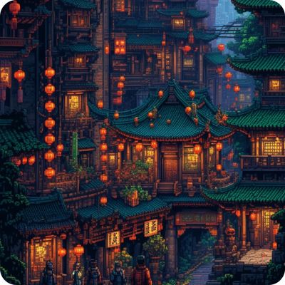 traditional chinese buildings with lanterns