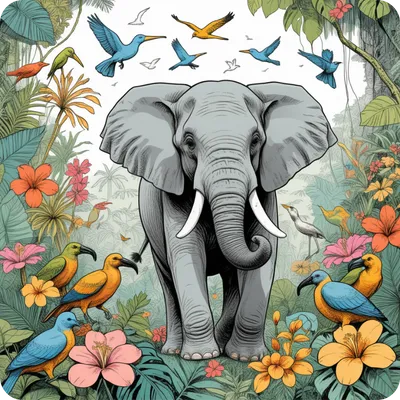 tropical style illustration of elephants and birds