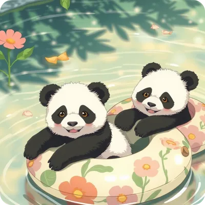 two cute pandas swimming in the river with their swimming rings