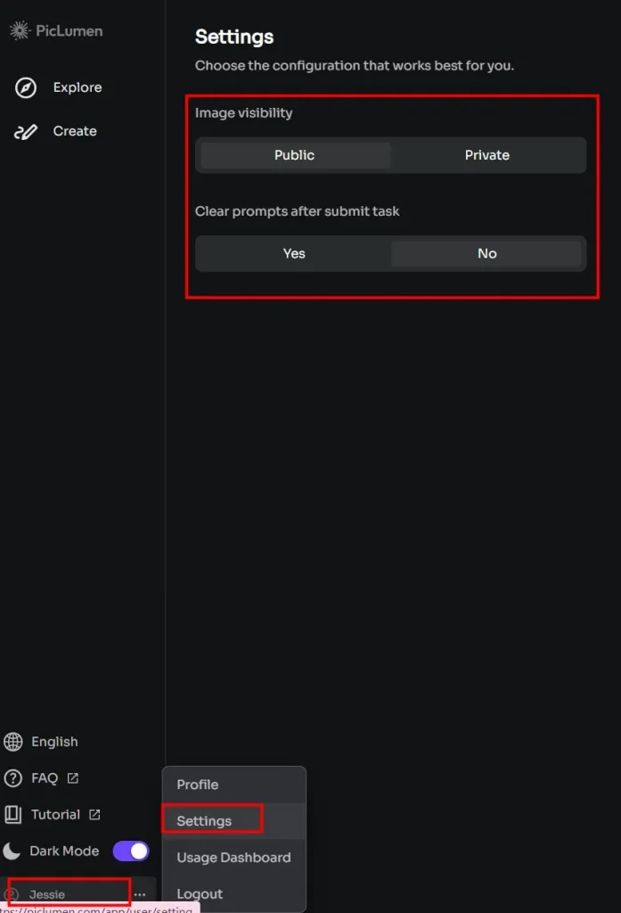 user settings page