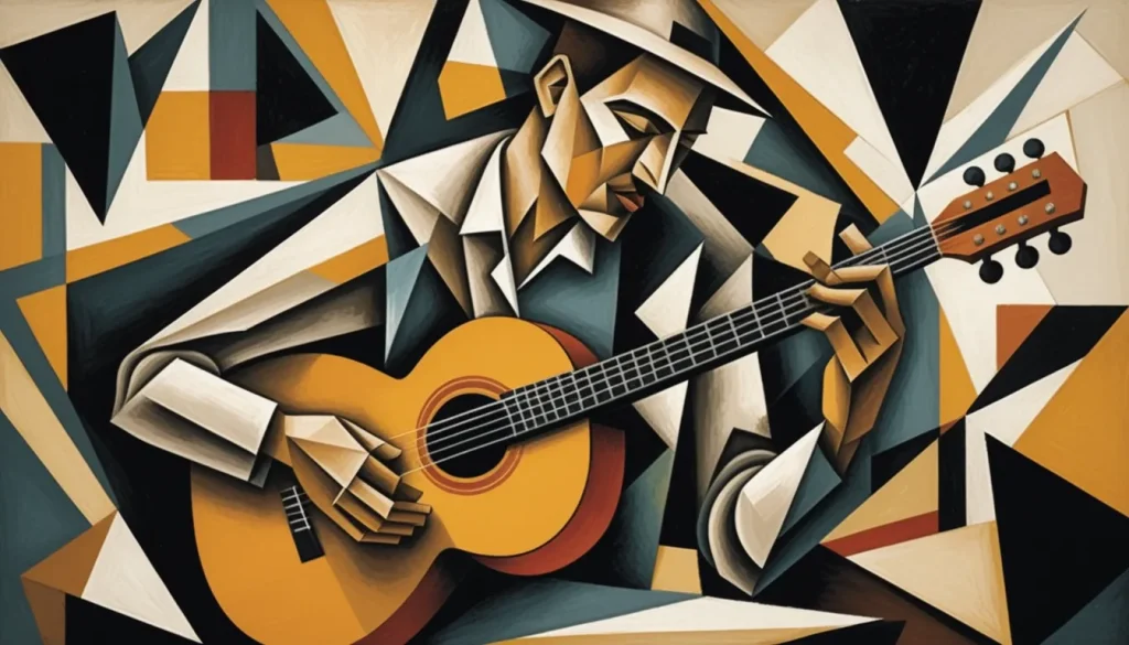 A Cubist depiction of a musician playing a guitar