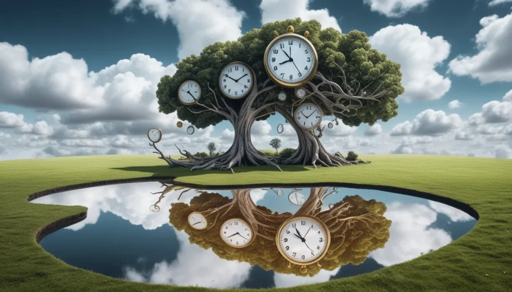 A surreal landscape where a clock melts over a tree branch