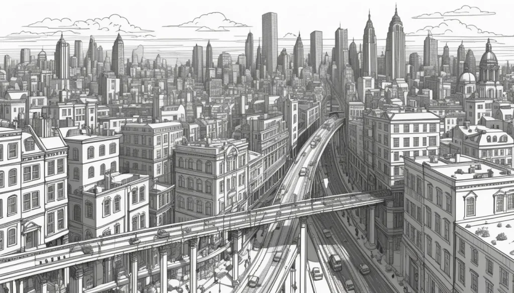 A line art drawing of a detailed cityscape