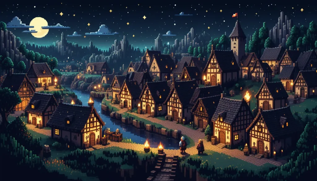 A pixel art scene of a medieval village at night