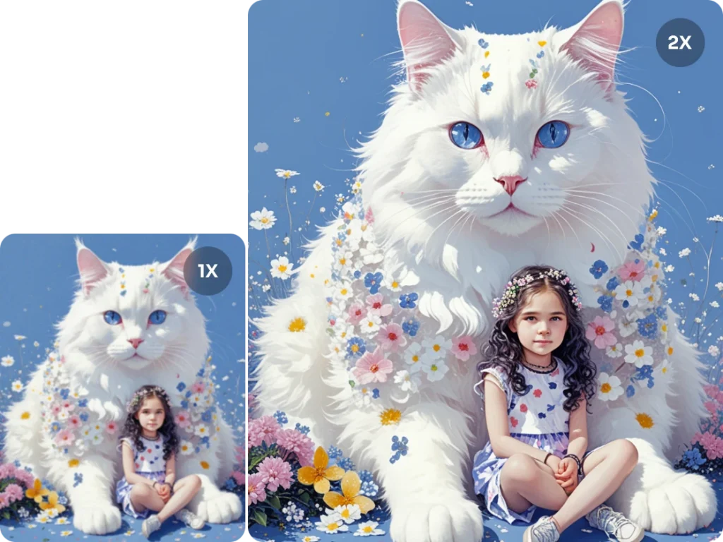 ai upscaled picture of a huge cat with a girl