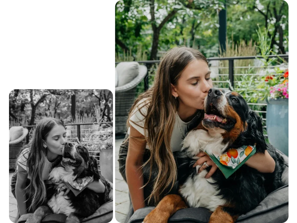 corolized black and white photo of a girl and her dog