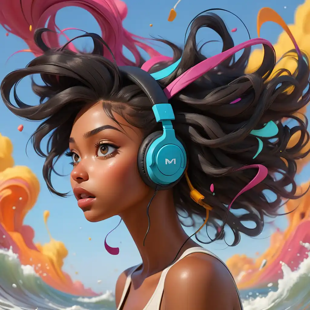 Piclumen AI art generator: oil painting art, concept art, an outgoing African-American girl listening to music