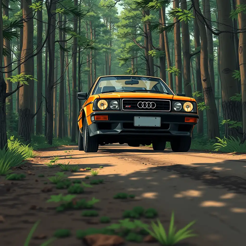 FLUX AI image generator: anime-style image of a car running through the woods