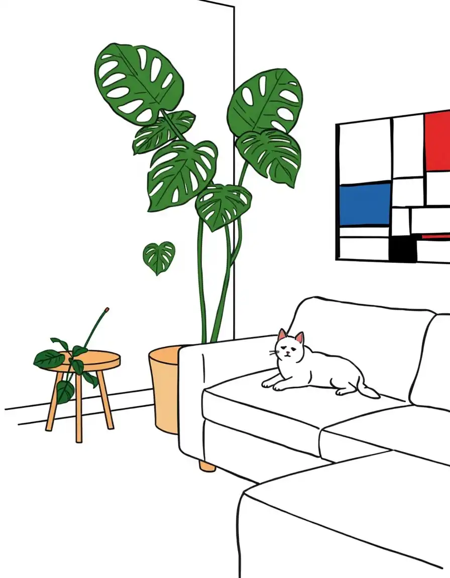 PicLumen AI illustration generator: flat illustration, minimalist illustration of a cat lying on sofa