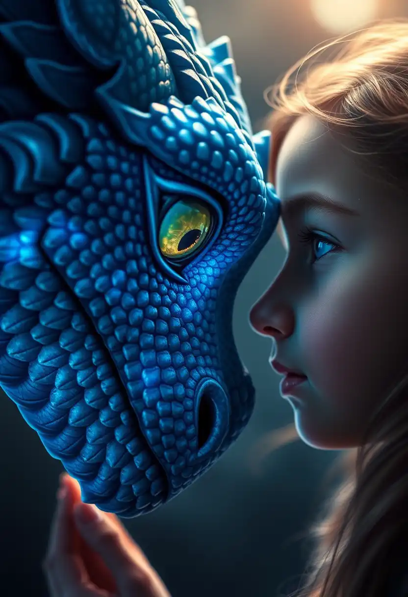 PicLumen AI picture generator: Fantasy art style of a close-up image of a young girl and a blue dragon.