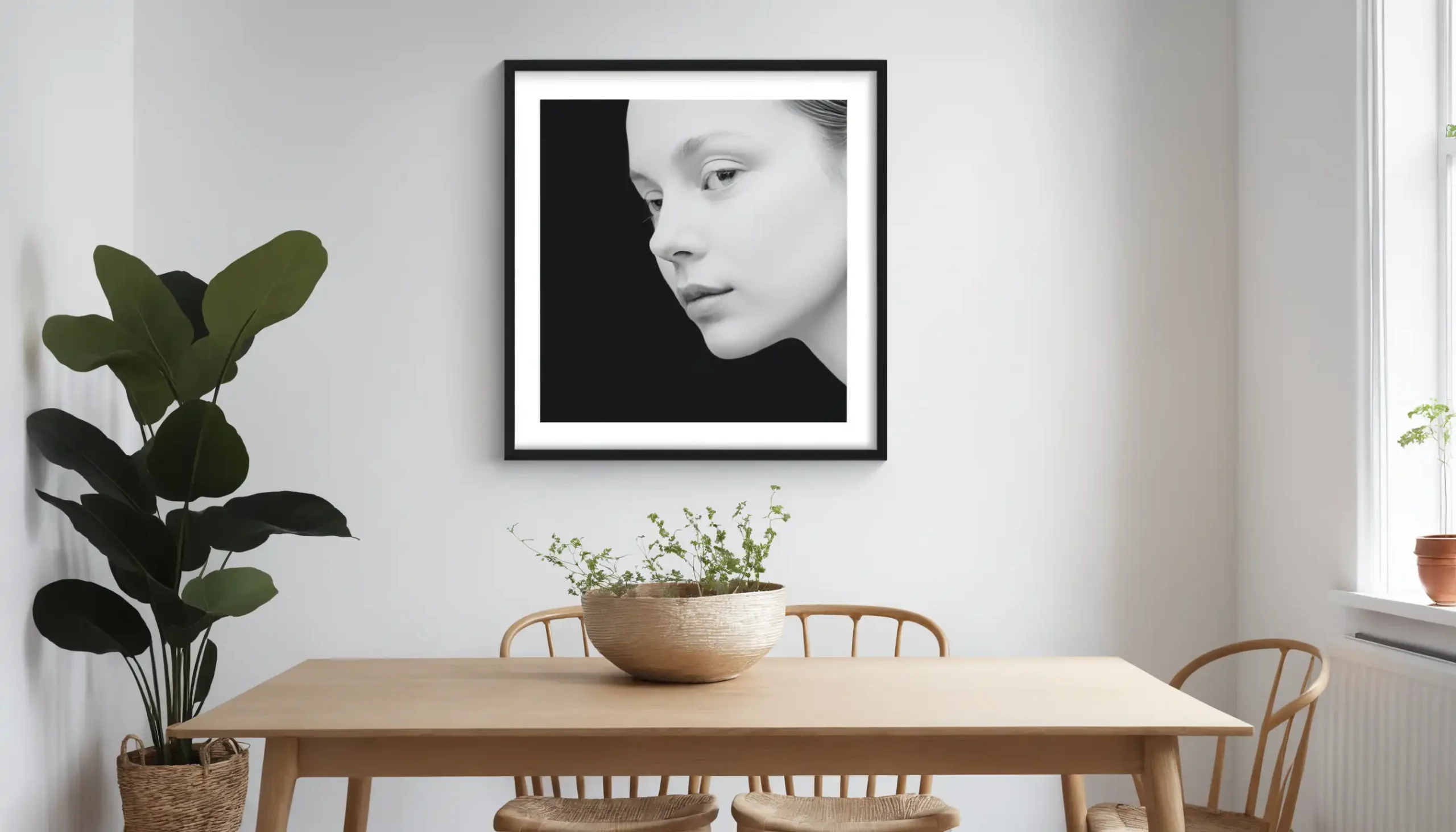 ai generated interior decoration image with a black and white artistic woman photo on the wall