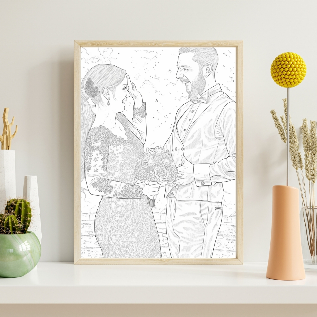 a coloring page of wedding scene