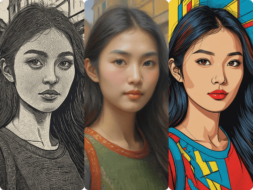 a women's portrait from the same photo in 3 different art styles