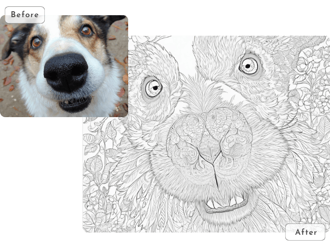 turn a dog's photo into black and white coloring page