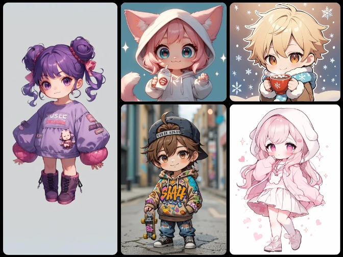 five cute chibi characters made in piclumen ai chibi maker