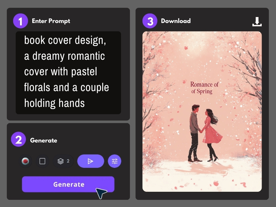 generate the romace book cover in PicLumen's online free AI book cover maker